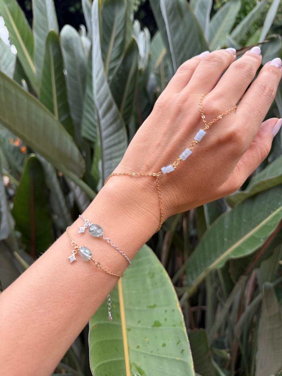 PULSEIRA AGUA MARINHA RENDADA OURO