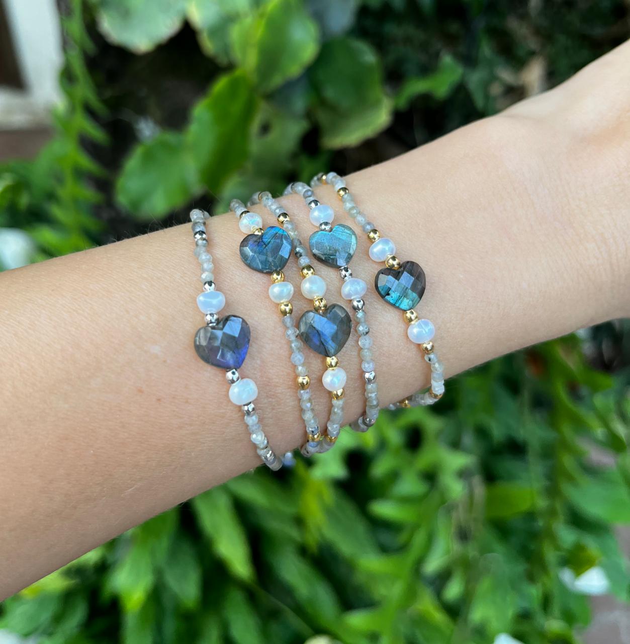 PULSEIRA CORAÇÃO LABRADORITA RÓDIO