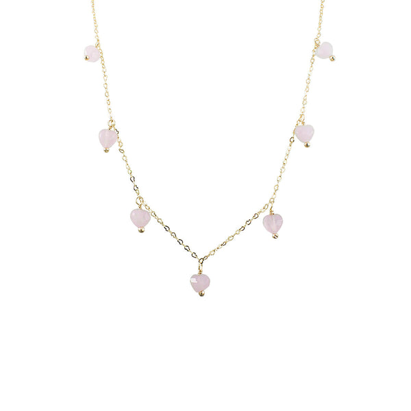 COLAR CORACOES QUARTZO ROSA OURO