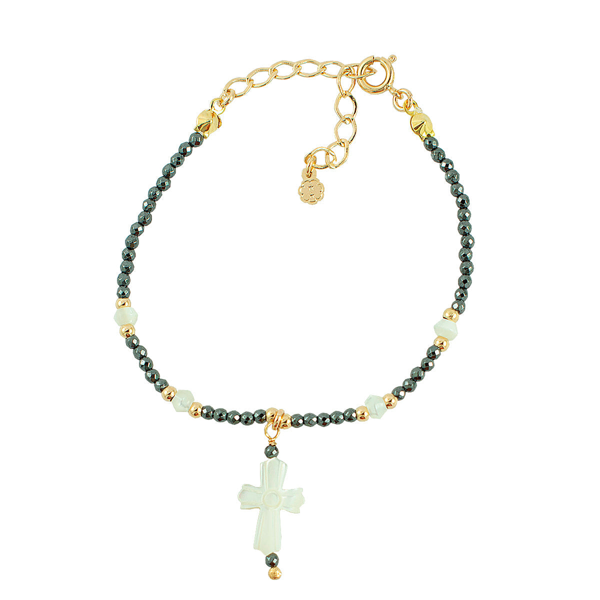 PULSEIRA CRUZ MADREPÉROLA HEMATITA OURO - Anilú