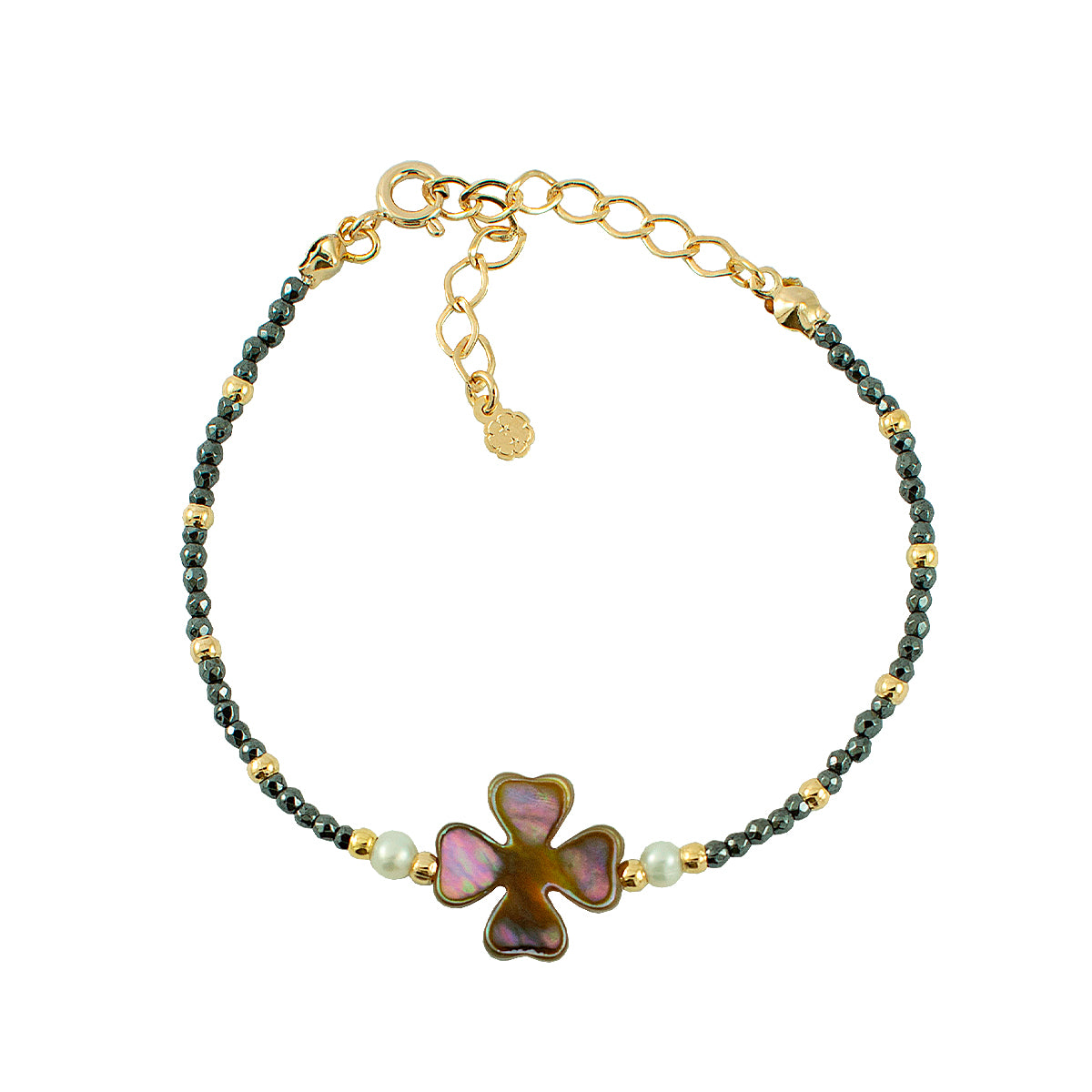 PULSEIRA TREVO ABALONE HEMATITA OURO