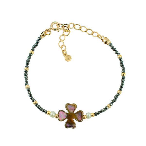 PULSEIRA TREVO ABALONE HEMATITA OURO