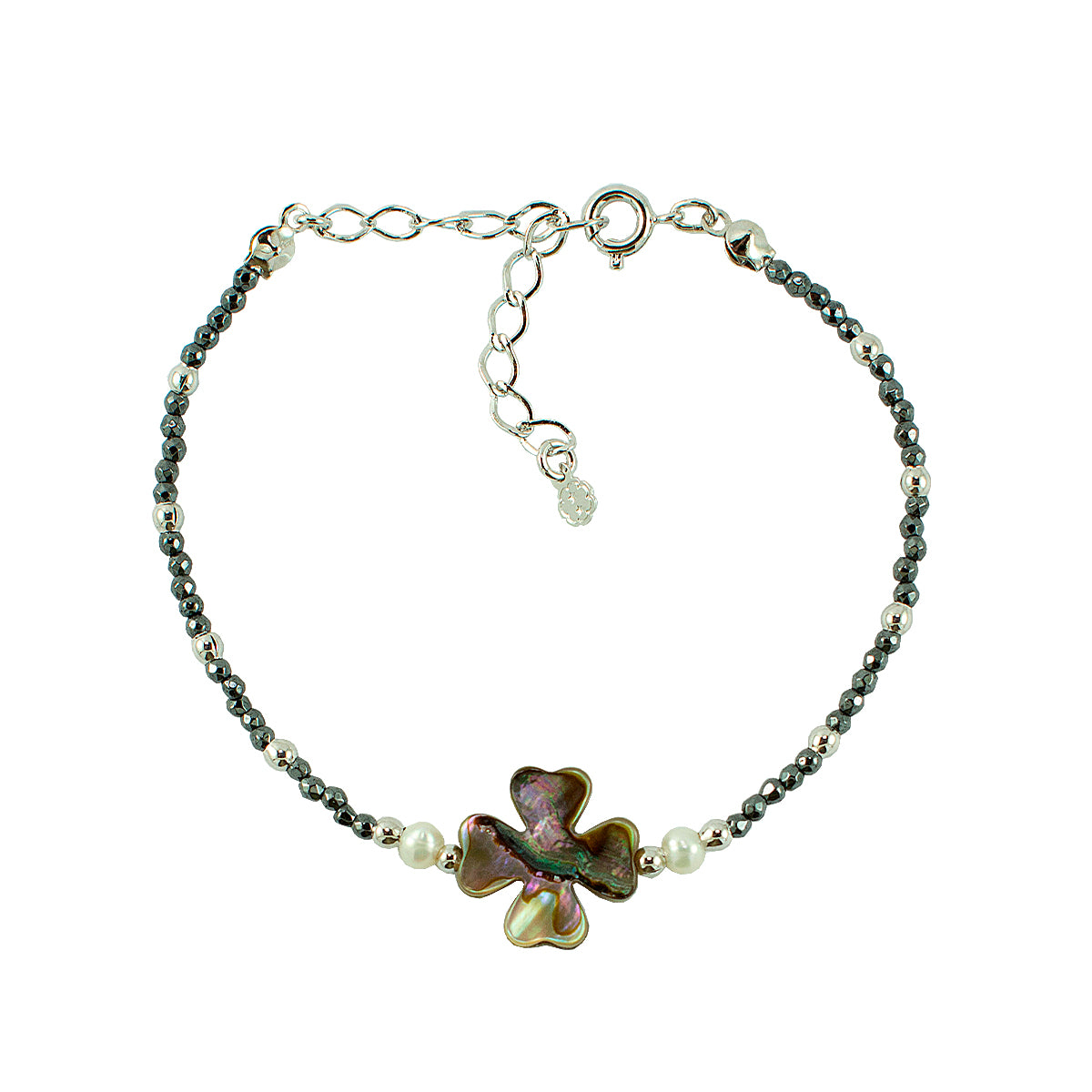 PULSEIRA TREVO ABALONE HEMATITA RODIO
