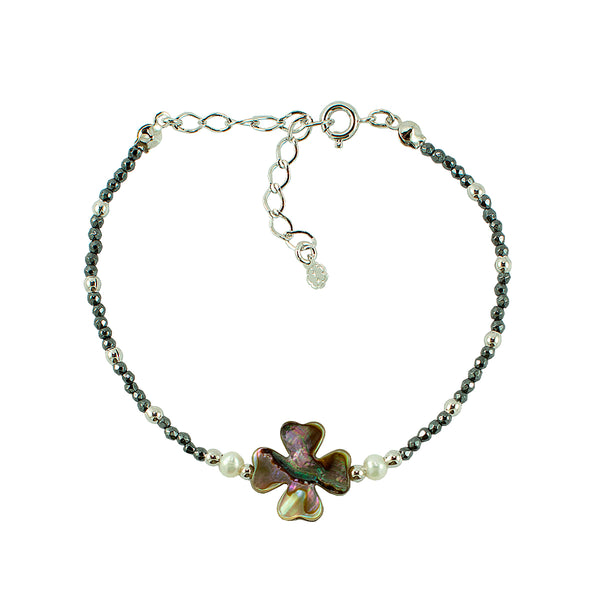 PULSEIRA TREVO ABALONE HEMATITA RODIO