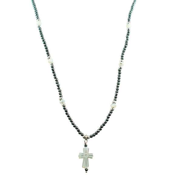 COLAR CRUZ MADREPÉROLA HEMATITA RÓDIO