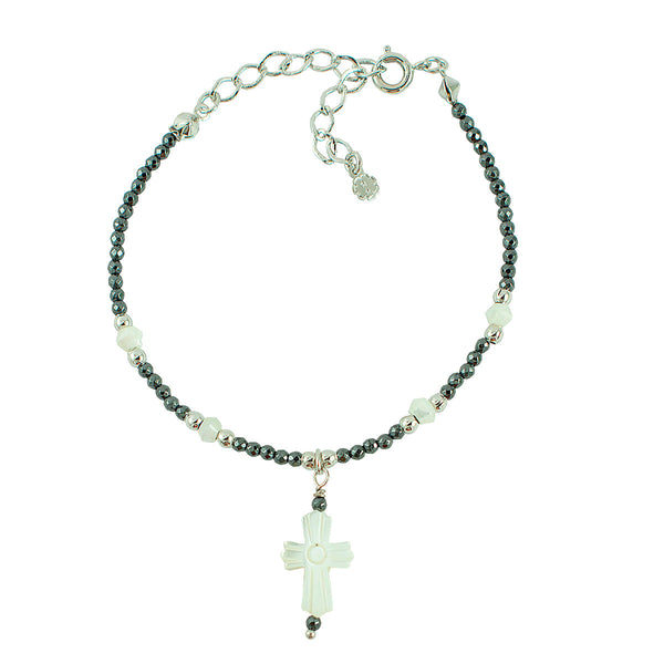 PULSEIRA CRUZ MADREPÉROLA HEMATITA RÓDIO